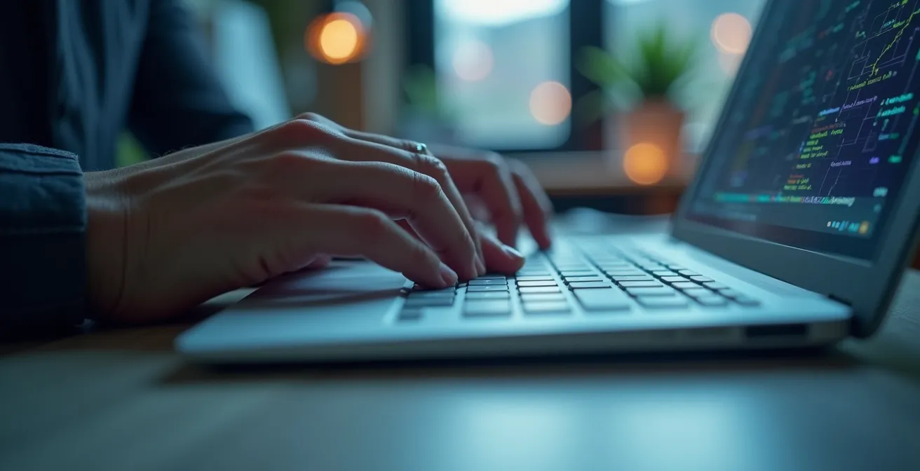 Modern workspace showing AI-human collaboration in customer service