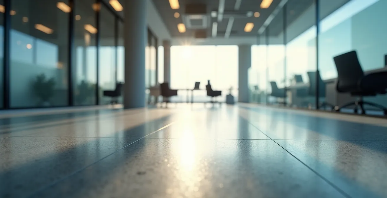 Wide shot of minimalist office space with abstract light patterns representing optimized data flow