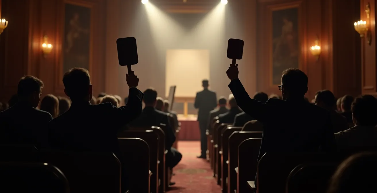 Dramatic moment during an art auction with raised bidding paddles in atmospheric lighting