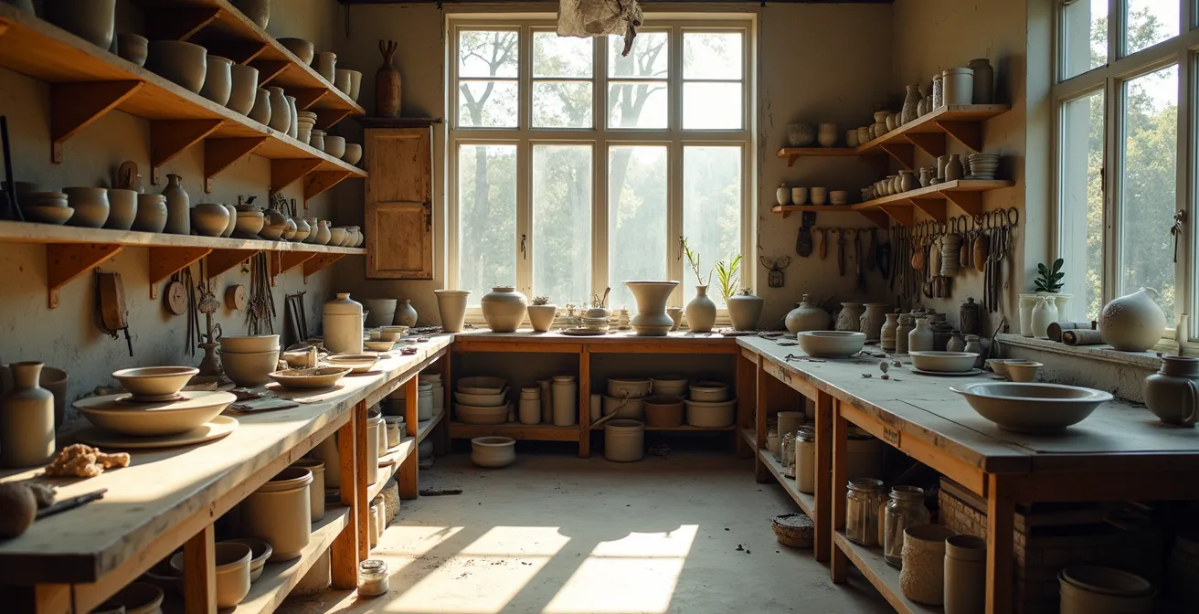 Wide shot of cluttered artisan workshop showing work in progress