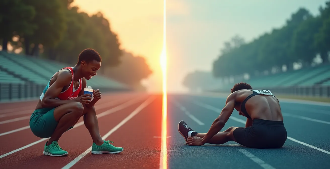 Split scene showing sprinter recovering between races versus exhausted marathon runner