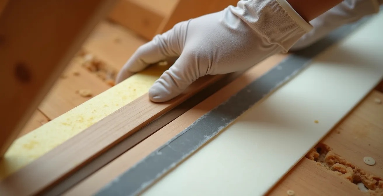 Close-up view of hands installing rigid foam board insulation on an attic hatch