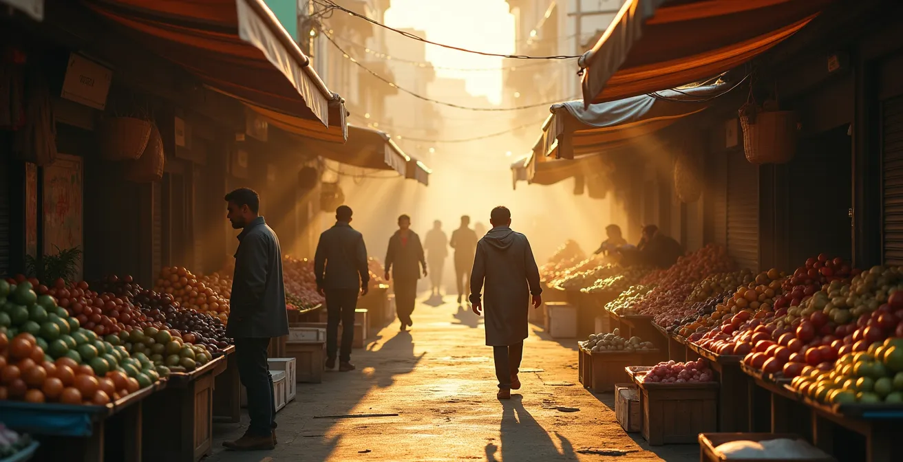 Early morning local market scene with vendors and residents shopping