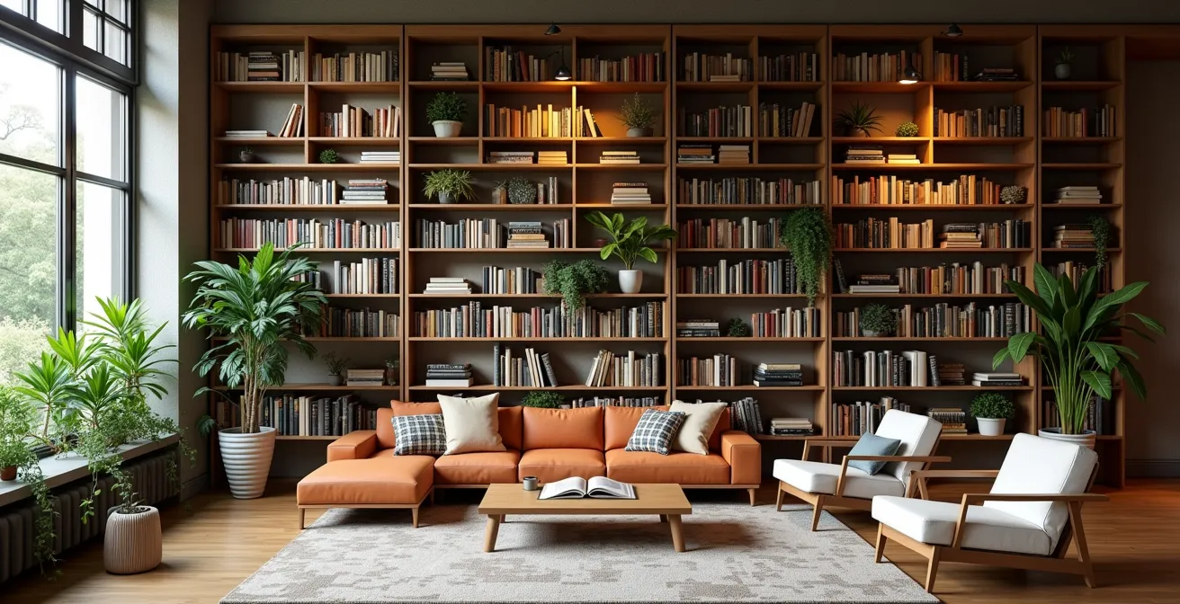 Floor-to-ceiling bookshelf against apartment wall as sound barrier