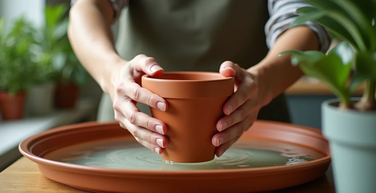 Close-up demonstration of bottom watering technique for indoor plants