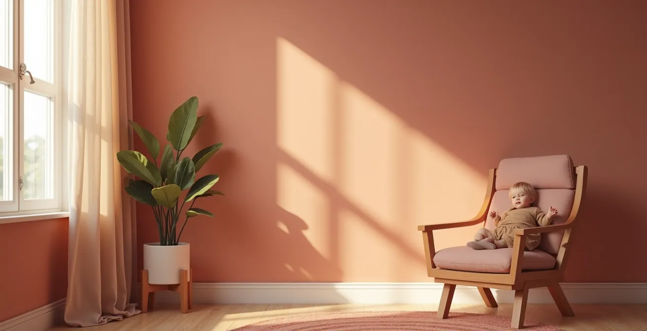 Child's bedroom with soft terracotta and dusty rose walls creating a low-contrast, calming environment.