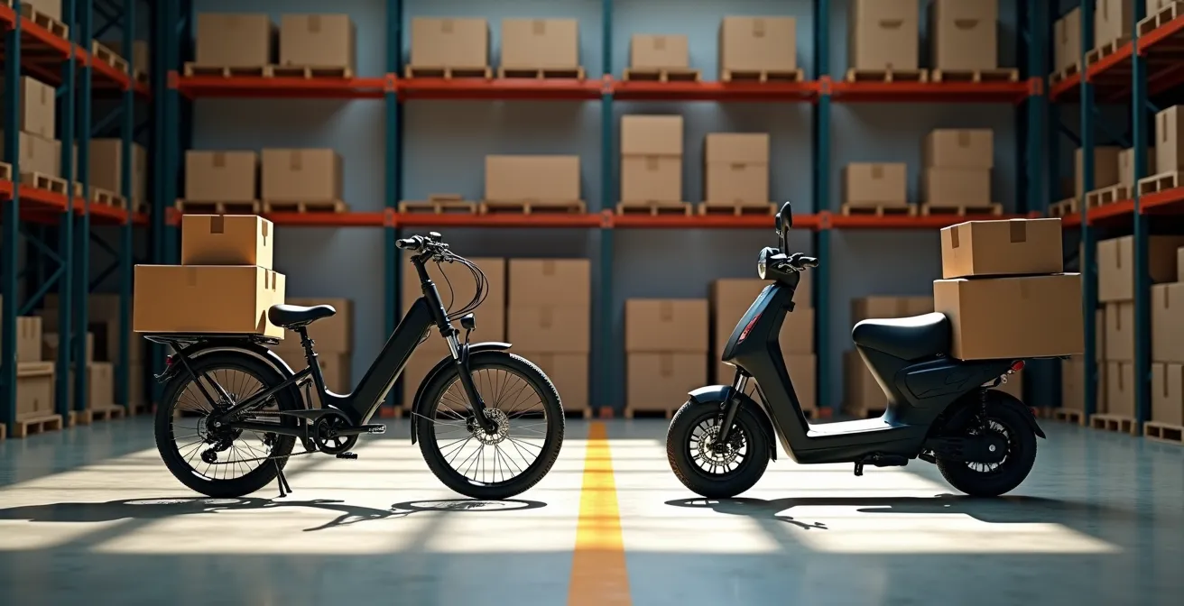 Side-by-side comparison of loaded cargo bike and electric moped in distribution center