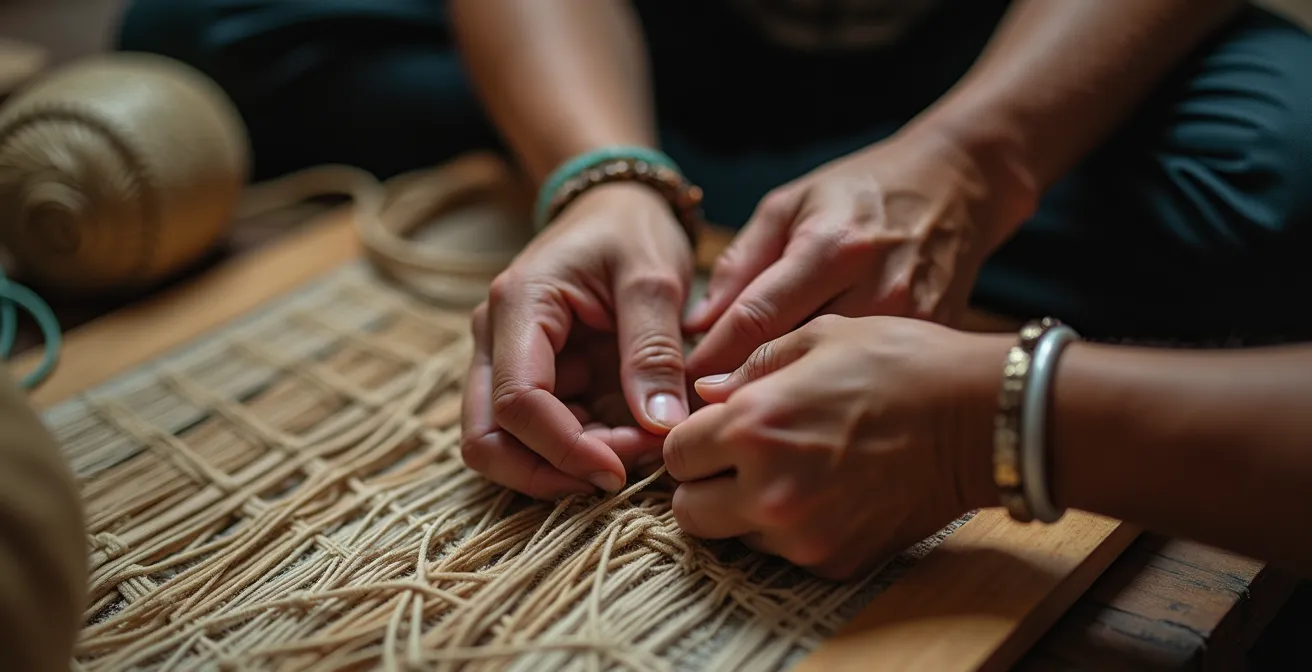 Local artisan teaching traditional craft to interested tourist in workshop