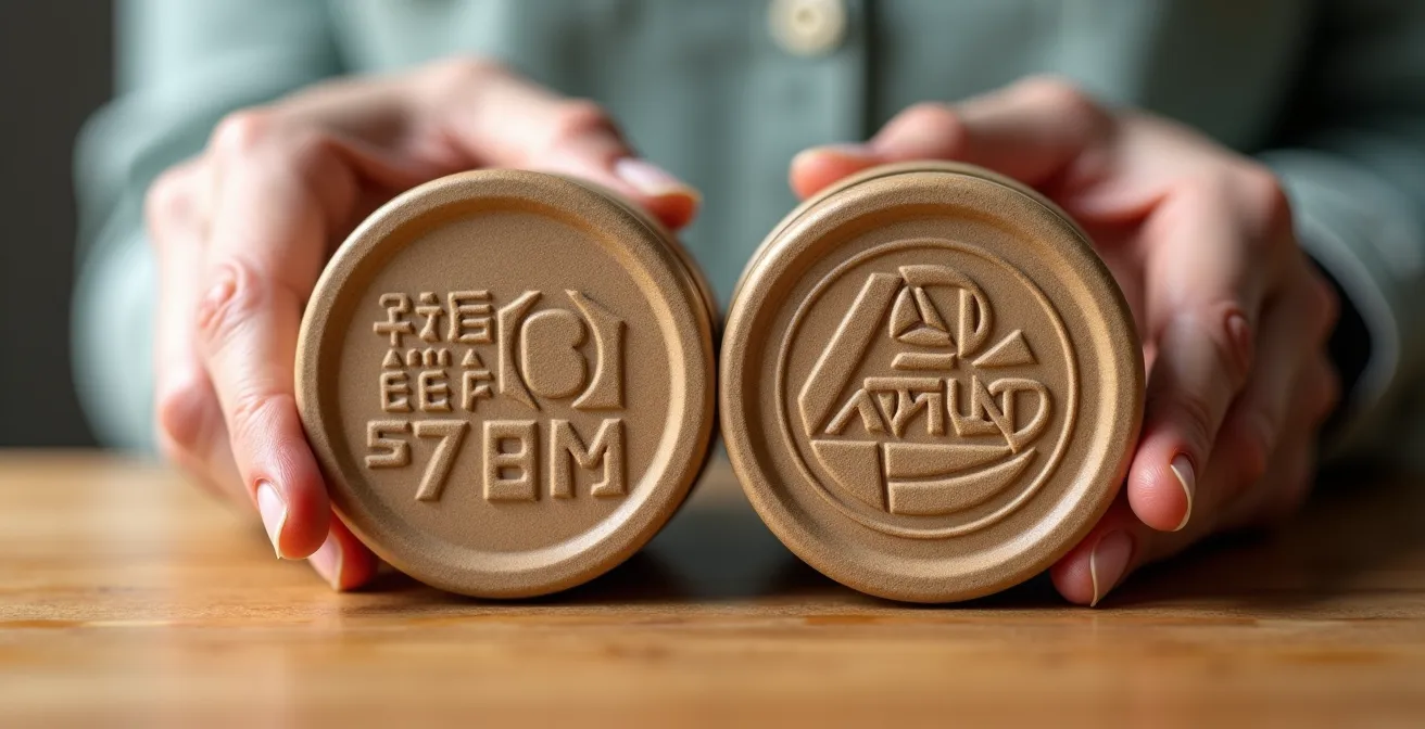 Hands holding two products side by side comparing certification labels in soft natural light