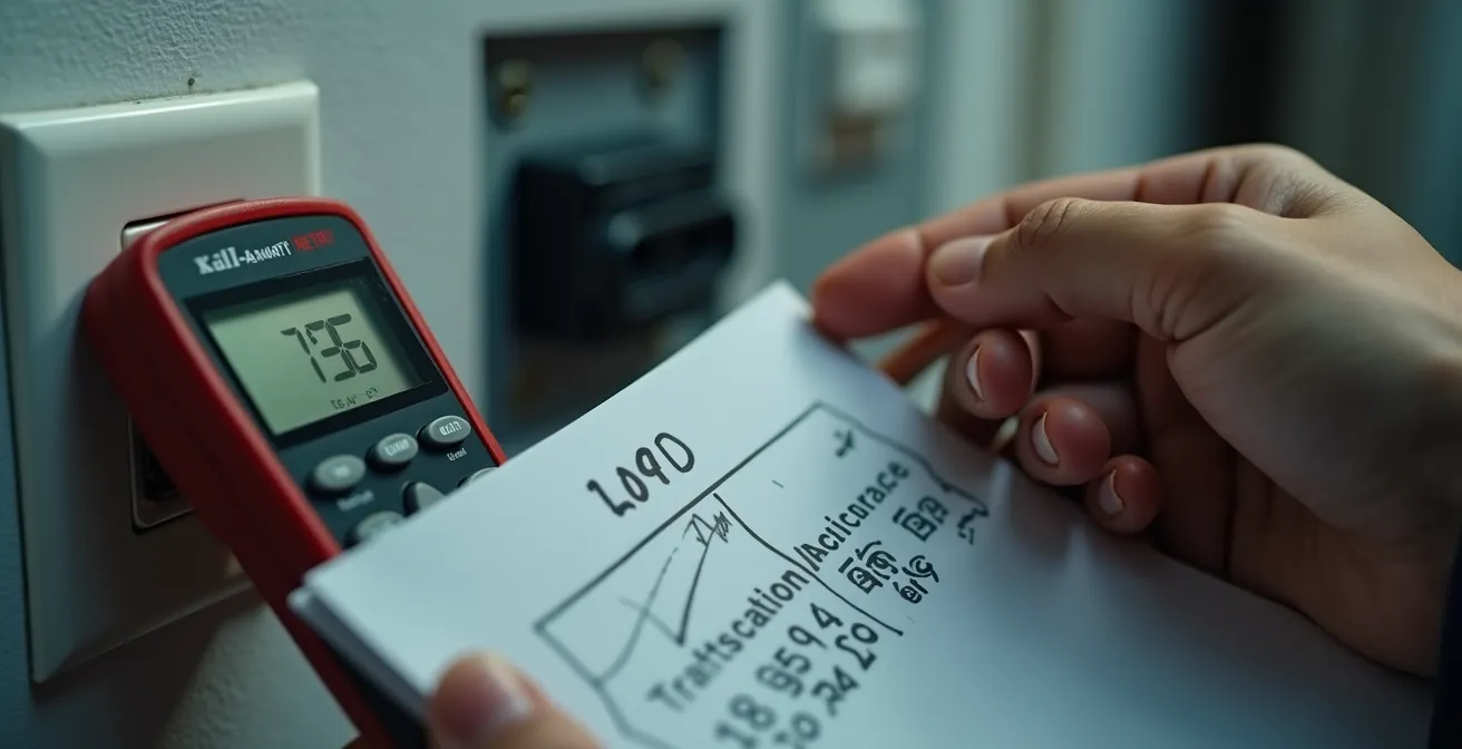 Close-up of electrical measurement tools and circuit breaker panel