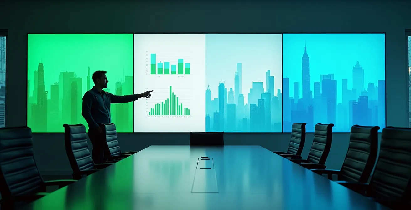 Split-screen dashboard display showing contrasting performance indicators side by side