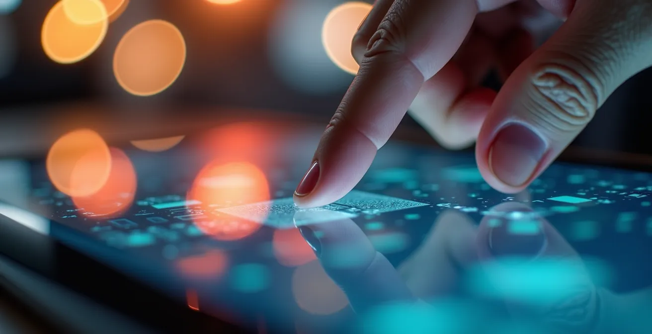 Macro shot of fingers navigating a certification database on a tablet screen, symbolizing the verification process.