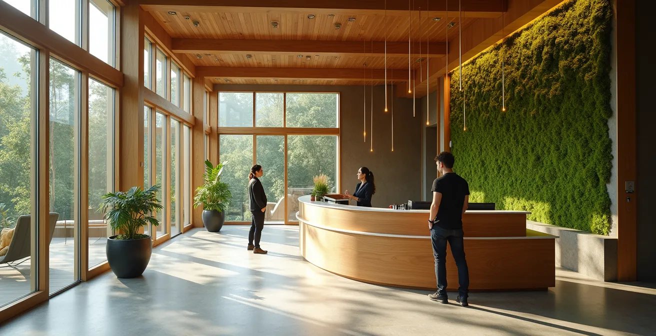 Wide shot of an eco-hotel reception area with natural materials, symbolizing the direct relationship between guest and hotel.