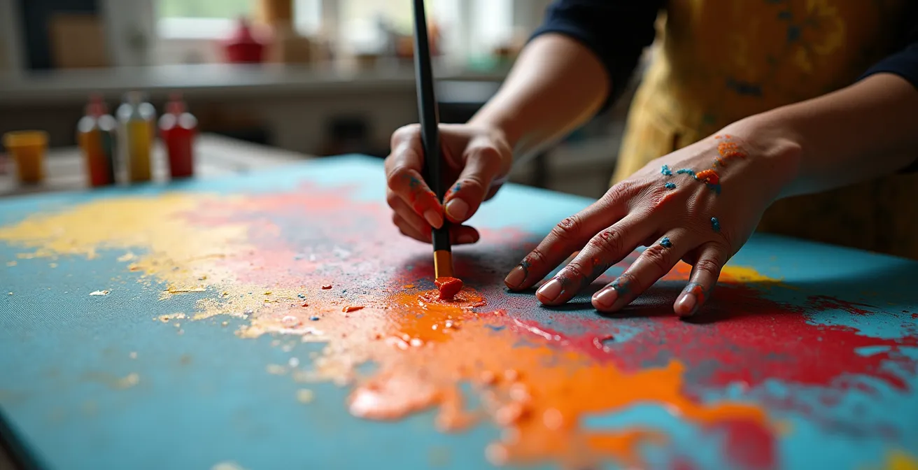 Close-up macro shot of an artist's hands working on a textured canvas in their studio