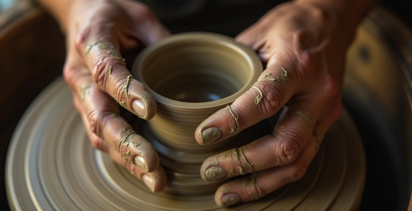 Close-up of weathered hands crafting traditional pottery with blurred workshop background