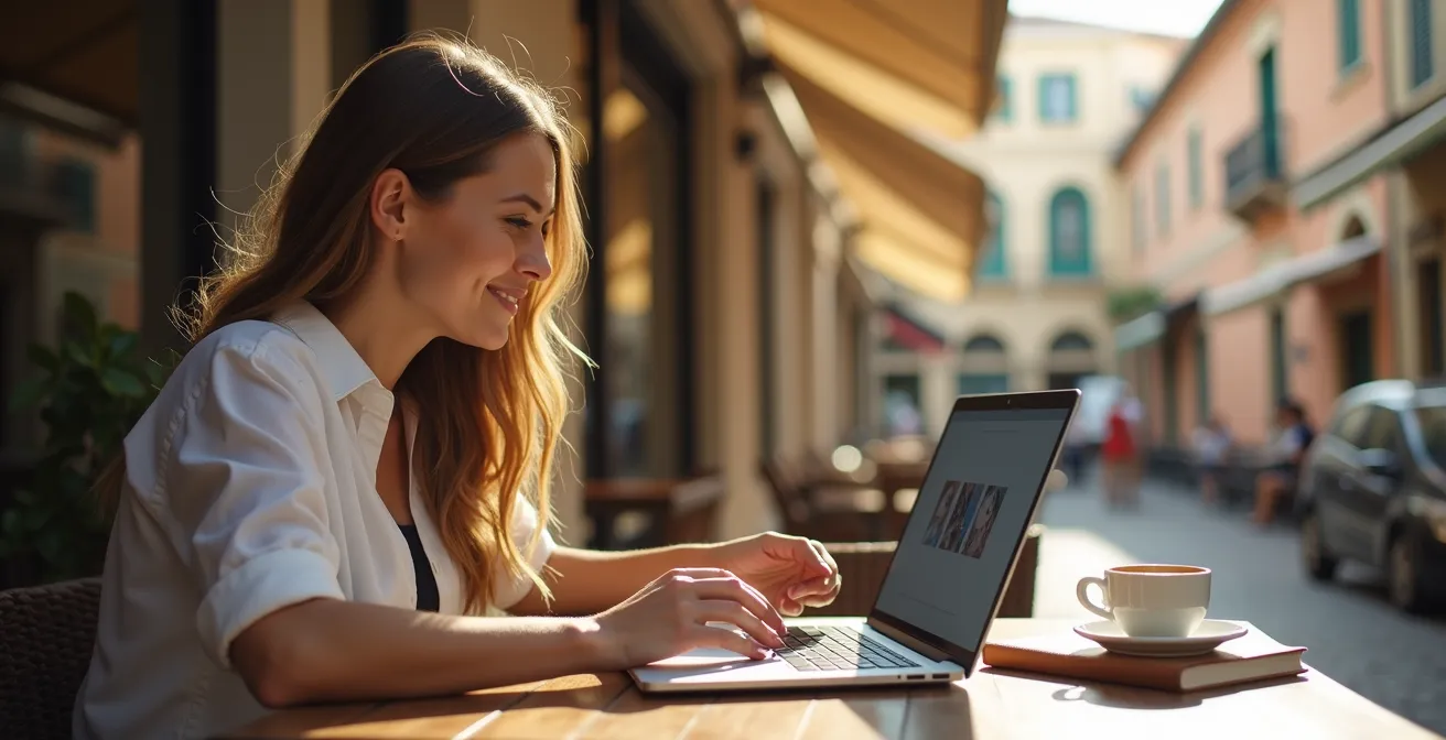 Professional working remotely from a European cafe terrace with architectural landmarks in the background