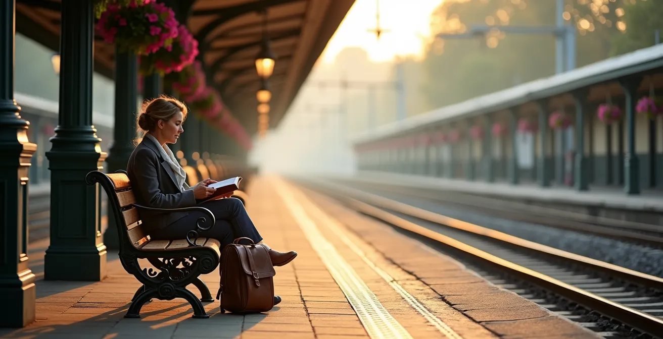 Empty train platform in morning light with vintage clock and waiting benches