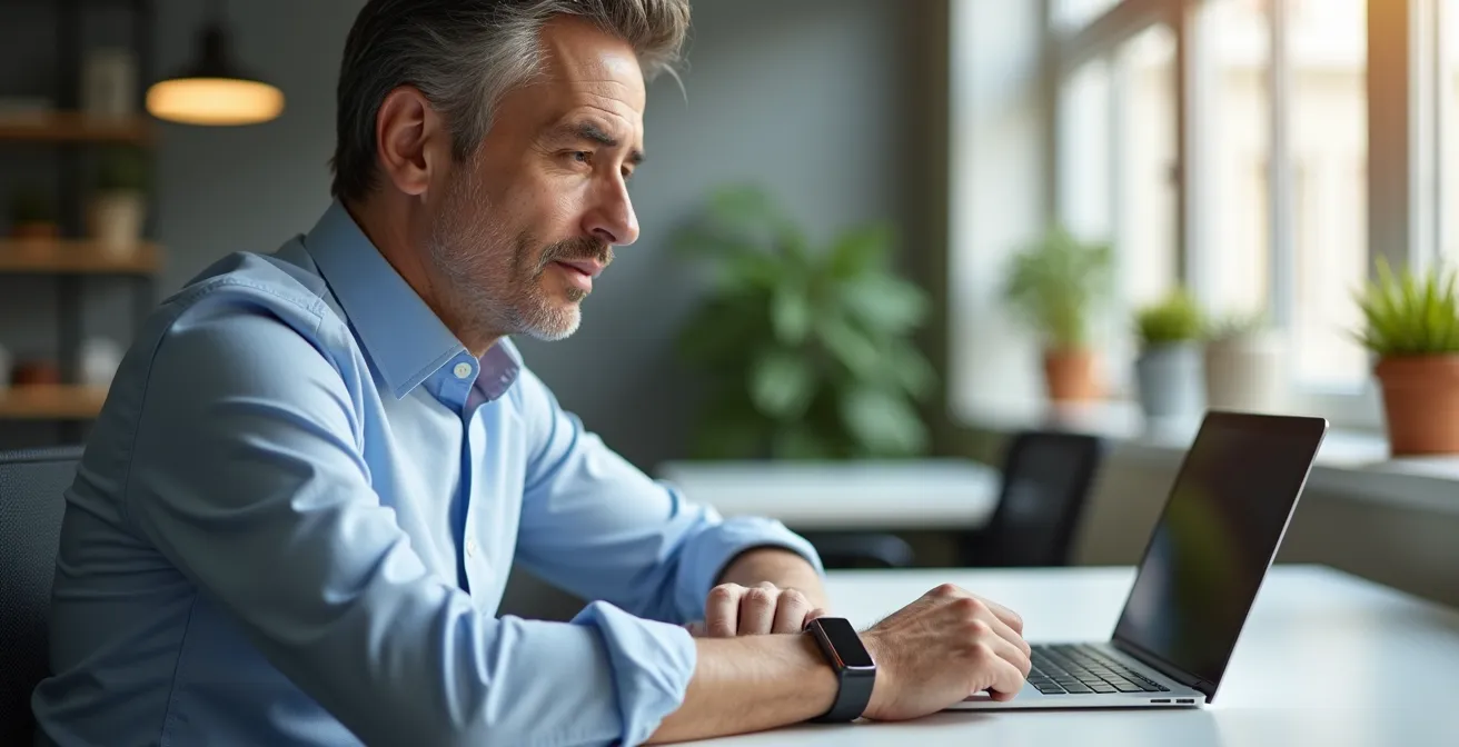 Business professional checking wearable device in minimalist office