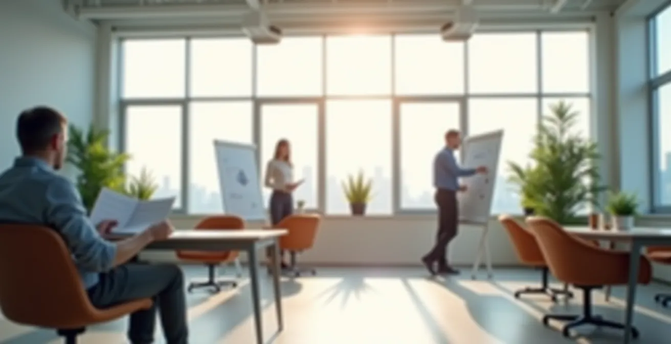 Wide shot of office space showing founder stepping back while operations manager leads team discussion