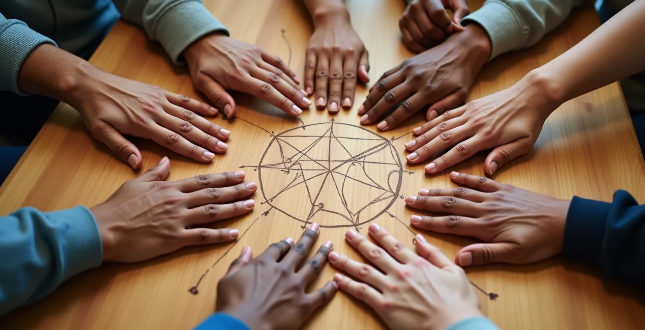 Close-up of diverse hands working together on a table with abstract learning materials