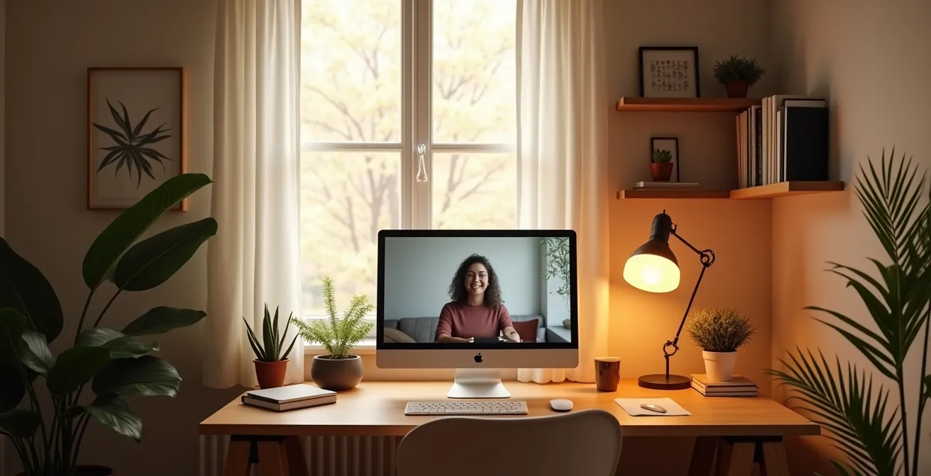 Cozy home office with warm lighting setup for intimate video calls