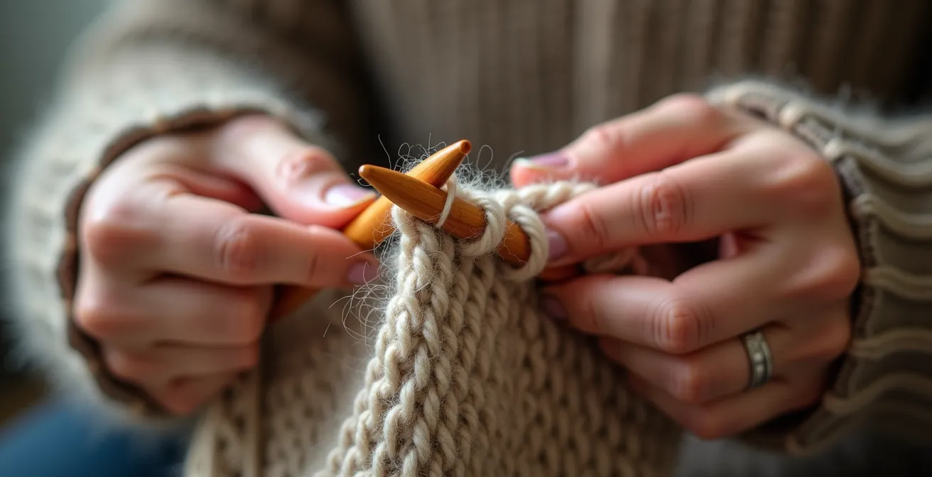 Extreme close-up of hands knitting with proper ergonomic needle grip