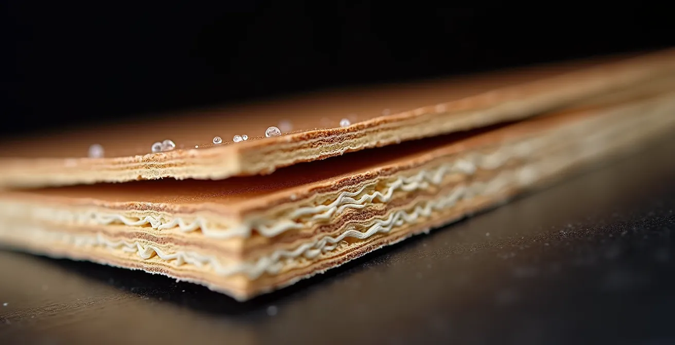 Extreme close-up showing the layered structure of laminate flooring material