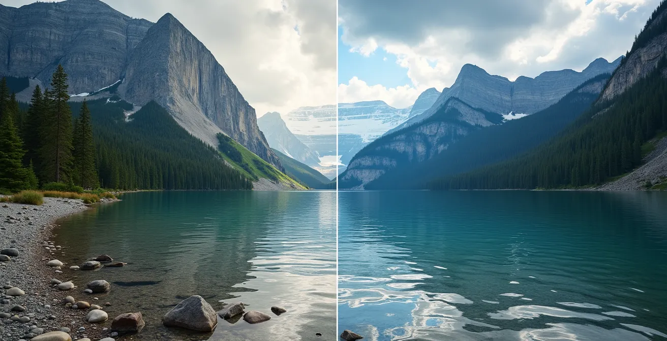 Mountain lake landscape with compositional grid overlay showing rule of thirds