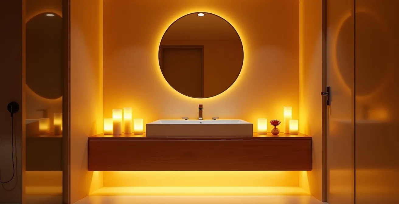 Bathroom with warm layered lighting creating sunset-like atmosphere