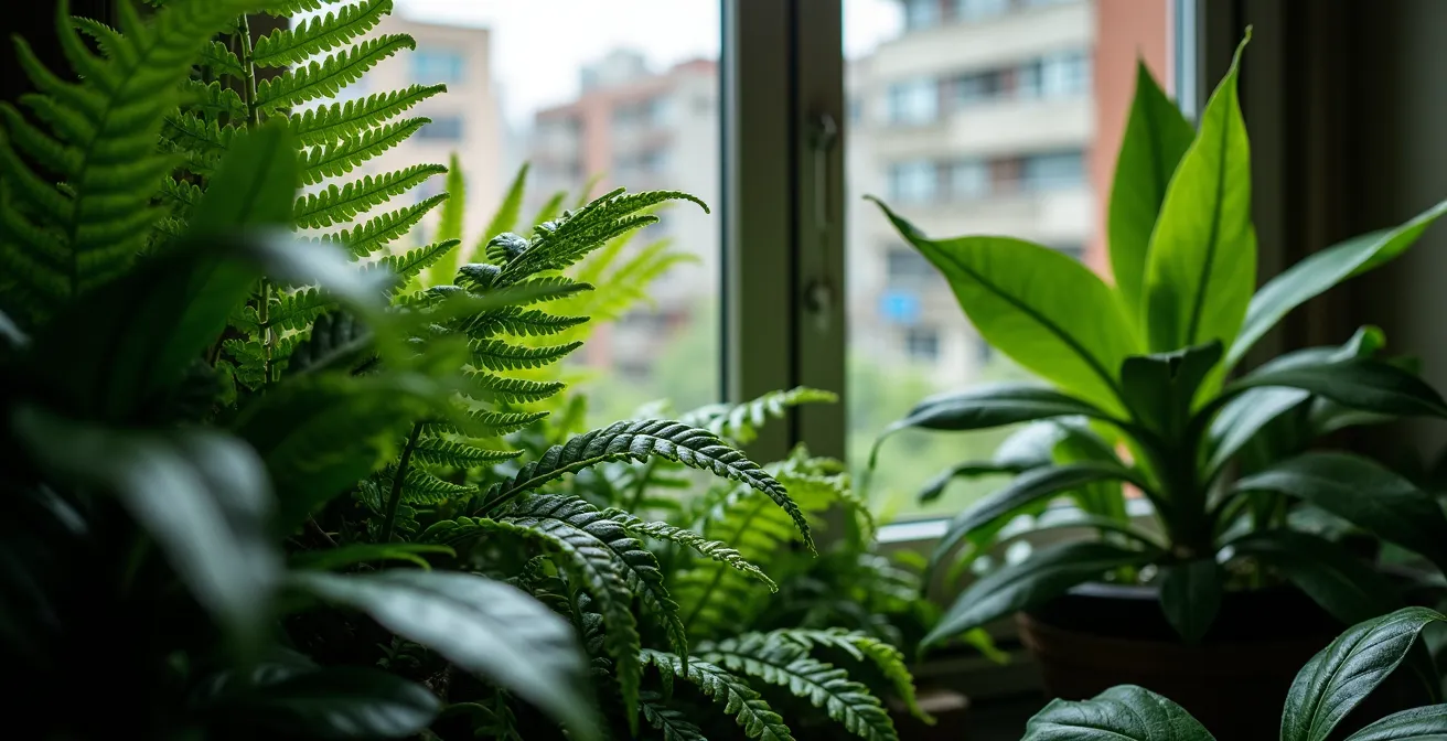 Multiple layers of plants arranged at window for noise reduction