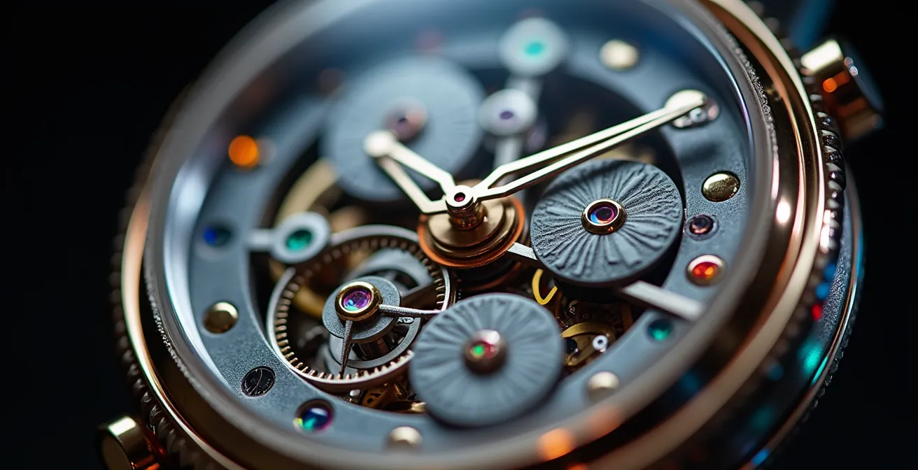 Macro shot of luxury watch mechanism with holographic blockchain pattern overlay