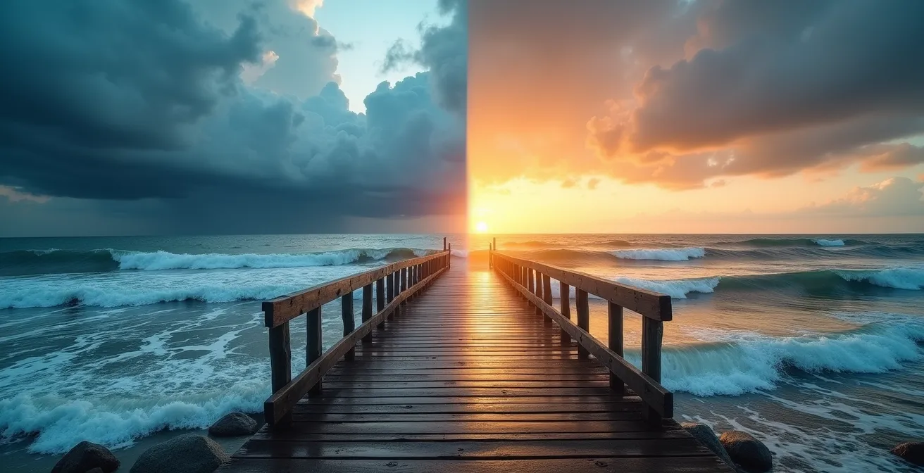 A symbolic image showing a steady bridge crossing from a stormy sea to a calm sunrise, representing navigating market volatility.
