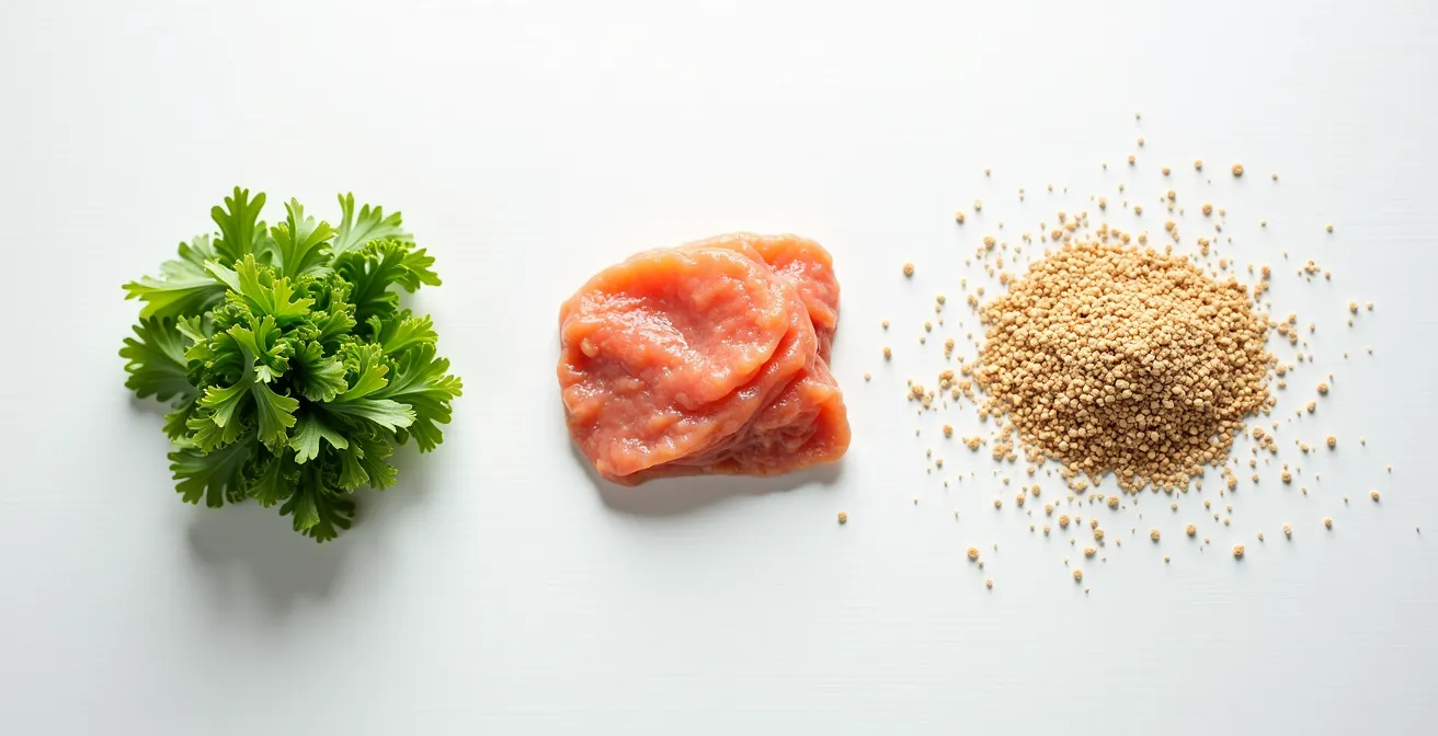 Artistic arrangement of food components showing the optimal eating sequence for glucose control