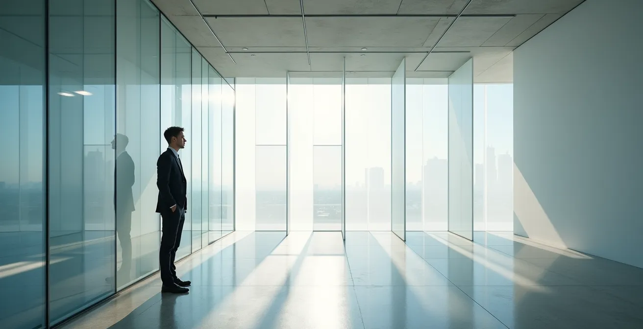Wide angle view of modern minimalist office space showing communication flow through abstract light patterns