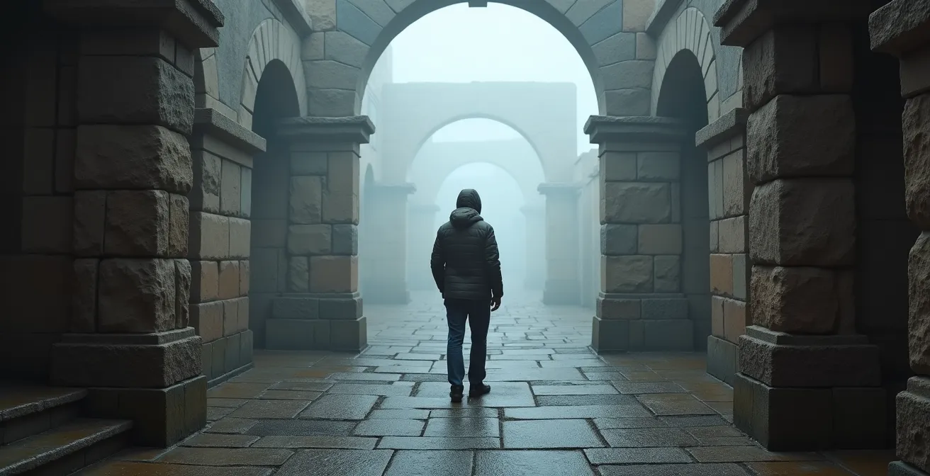 Empty Colosseum arena shrouded in morning mist at dawn