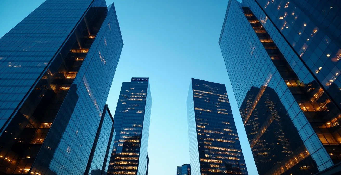 Wide architectural shot of interconnected financial district buildings at dusk