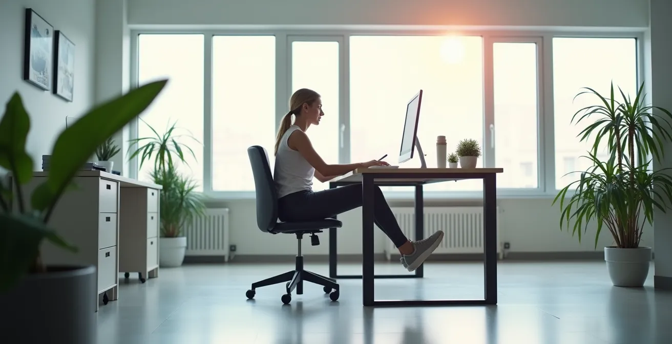 Office worker demonstrating various micro-movement exercises at standing desk