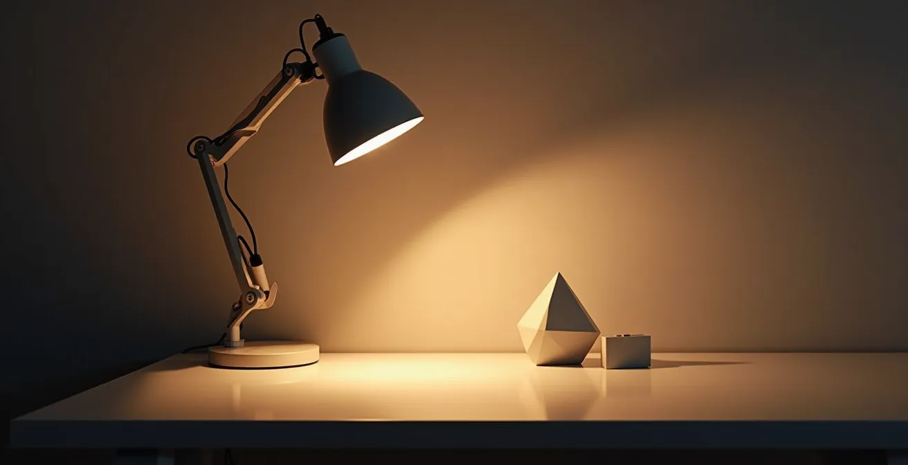 Home office with proper three-layer lighting setup reducing eye strain