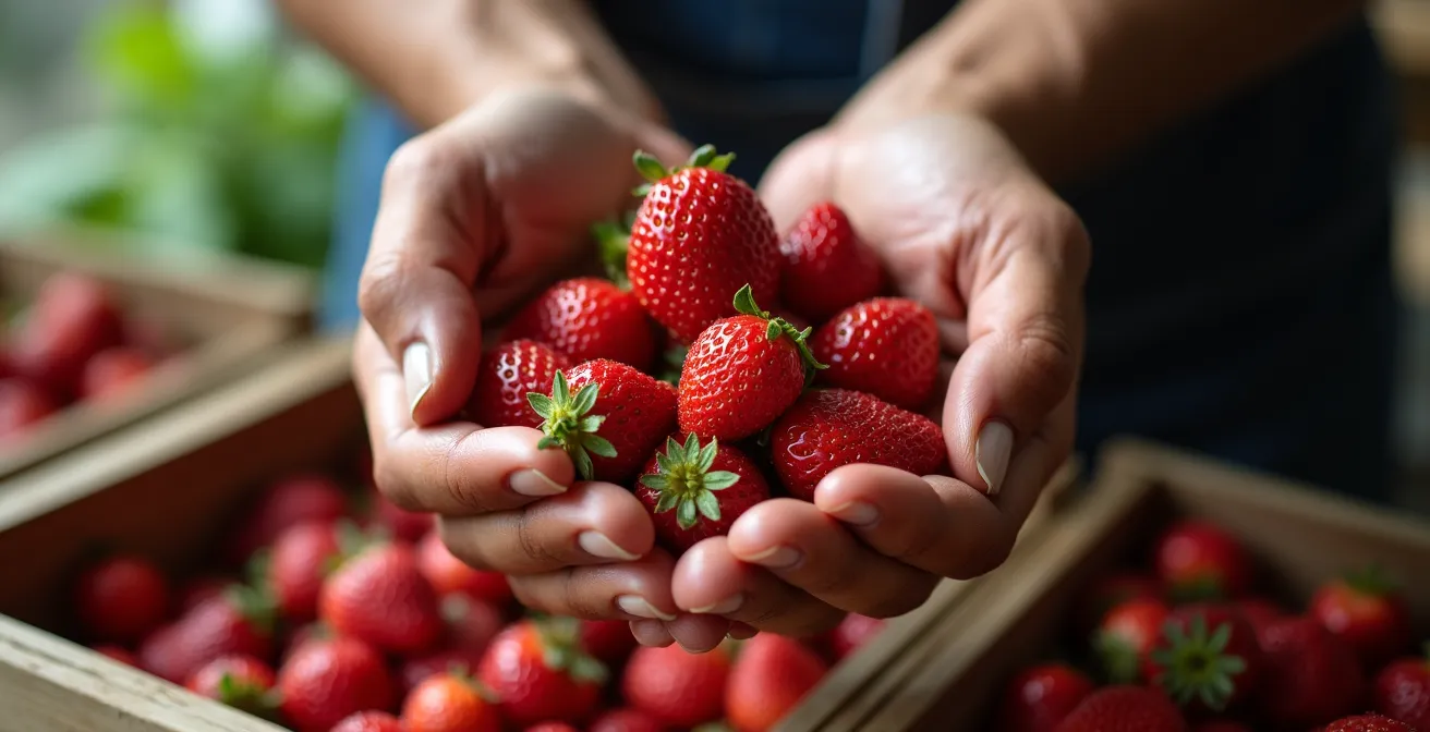 Farmers market display of deep red strawberries at peak ripeness with morning dew