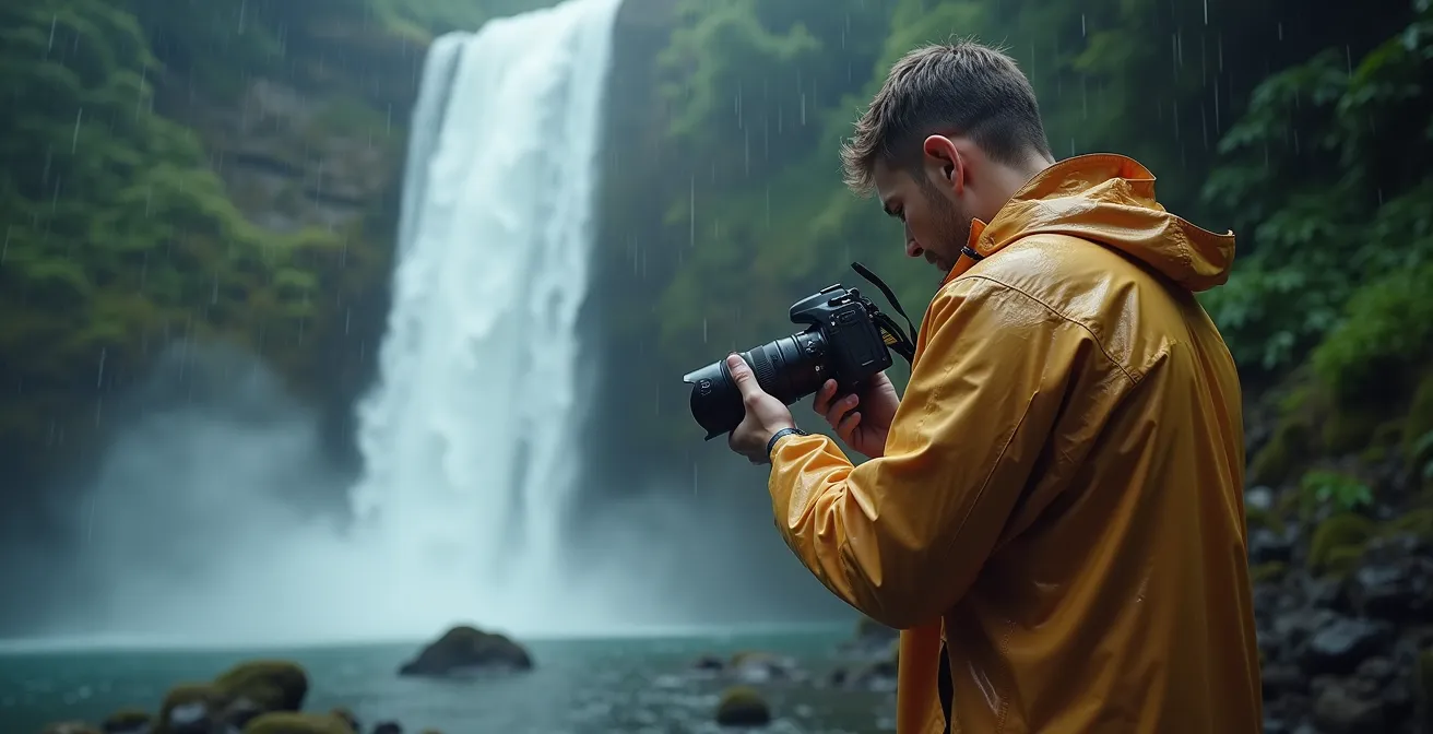 Photographer using DIY protection for camera near misty waterfall