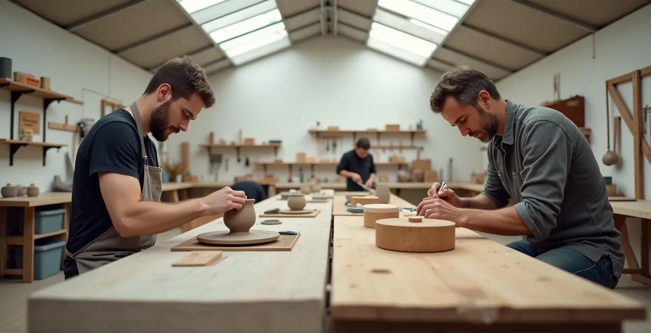 Split workshop scene showing potter at wheel and woodworker carving detail