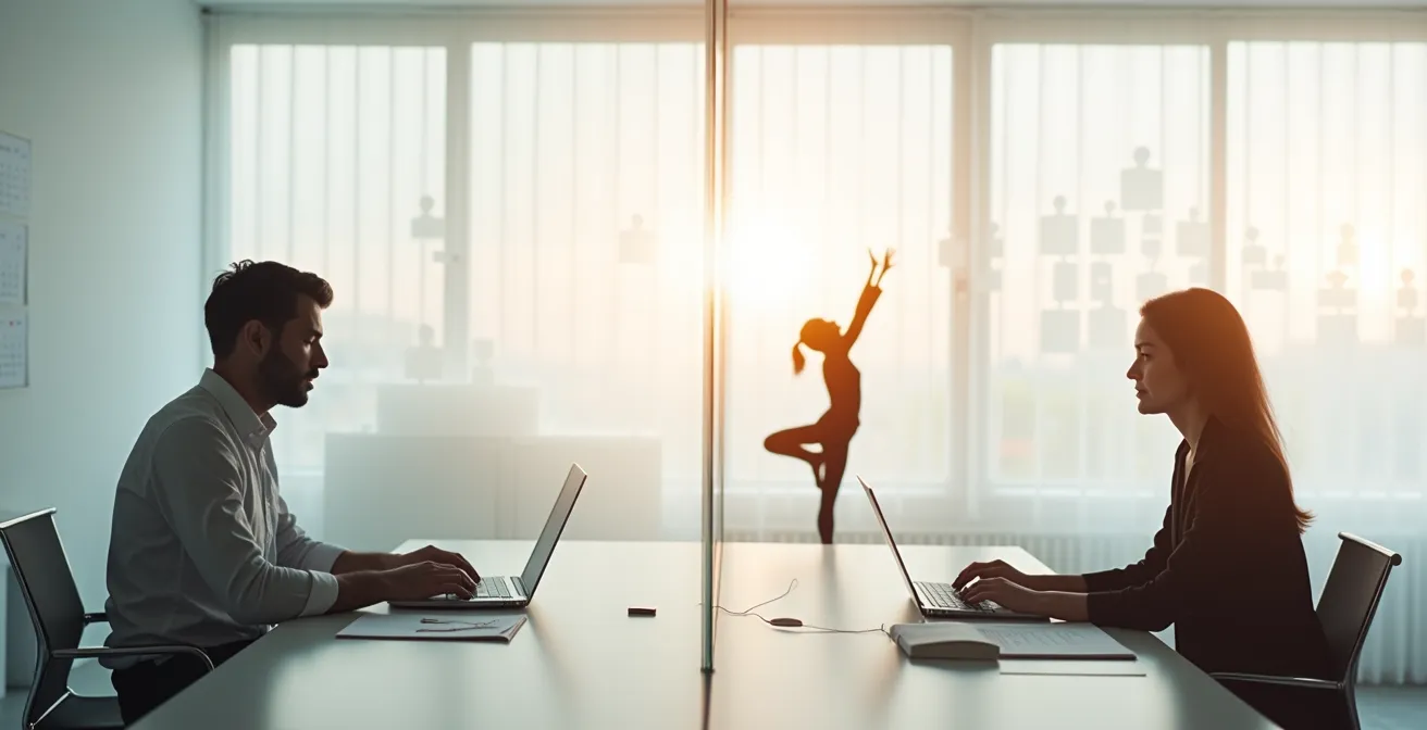 Office worker establishing clear boundaries between work and personal space through symbolic division