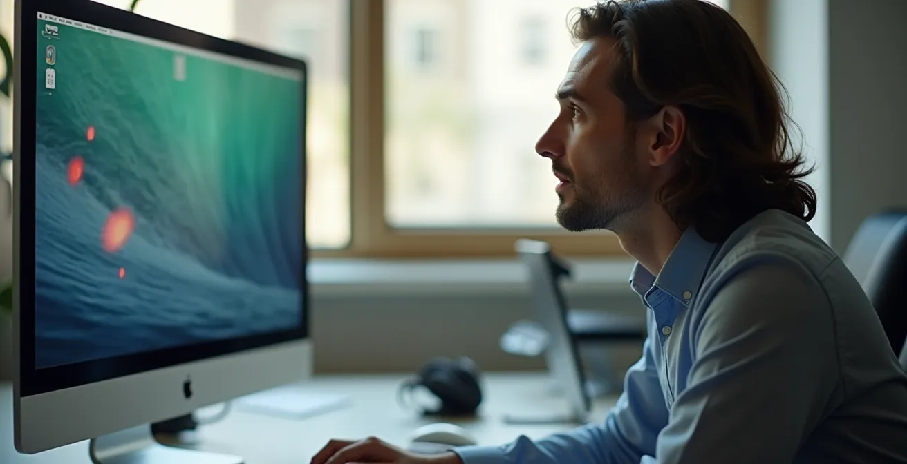 Professional demonstrating correct monitor positioning at eye level