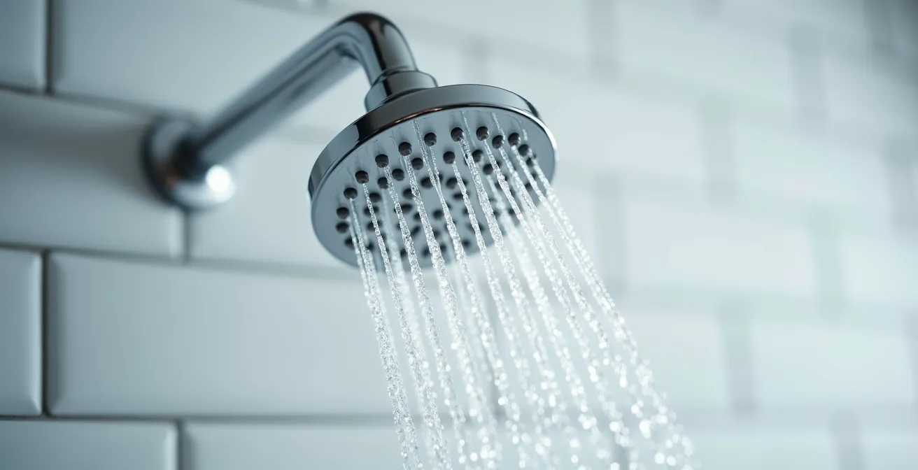 Close-up of S-shaped shower arm extension with rainfall head installation