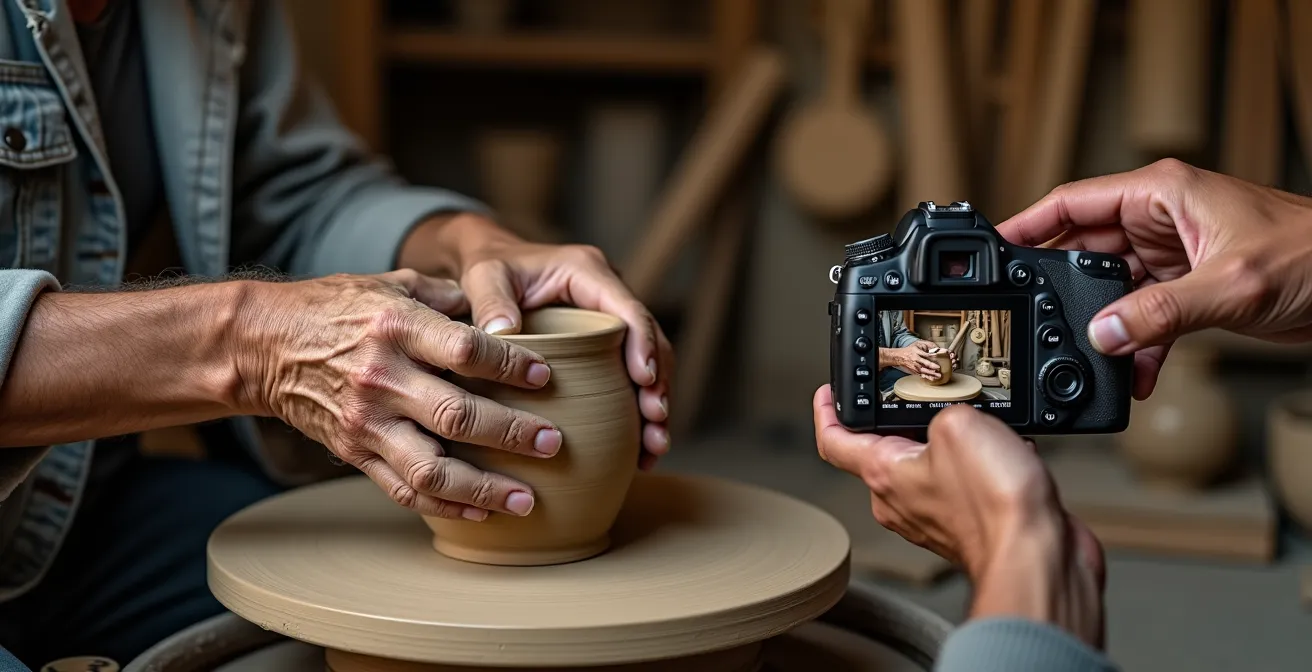 Photographer showing camera screen to smiling craftsman in traditional workshop