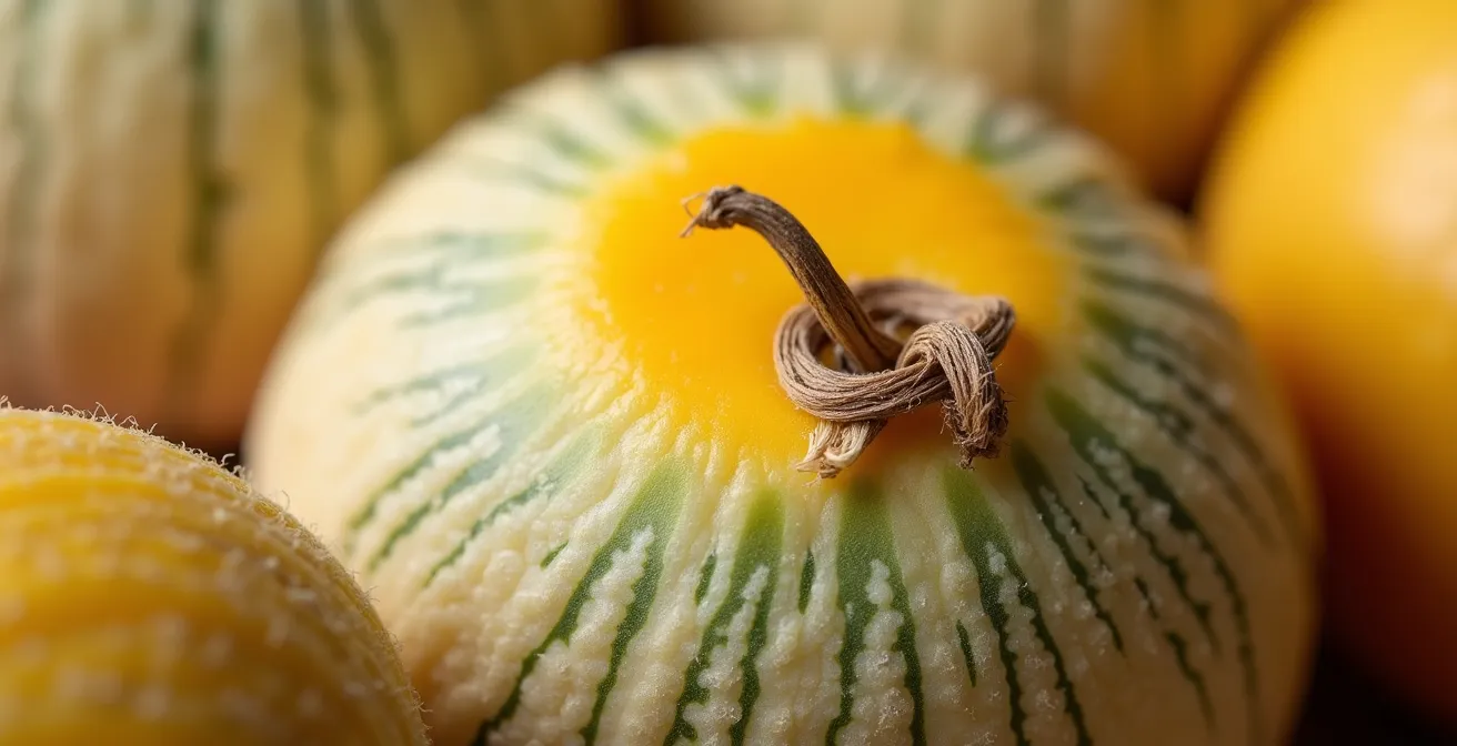 Close-up of cantaloupe showing golden field spot and dried tendril stem indicators