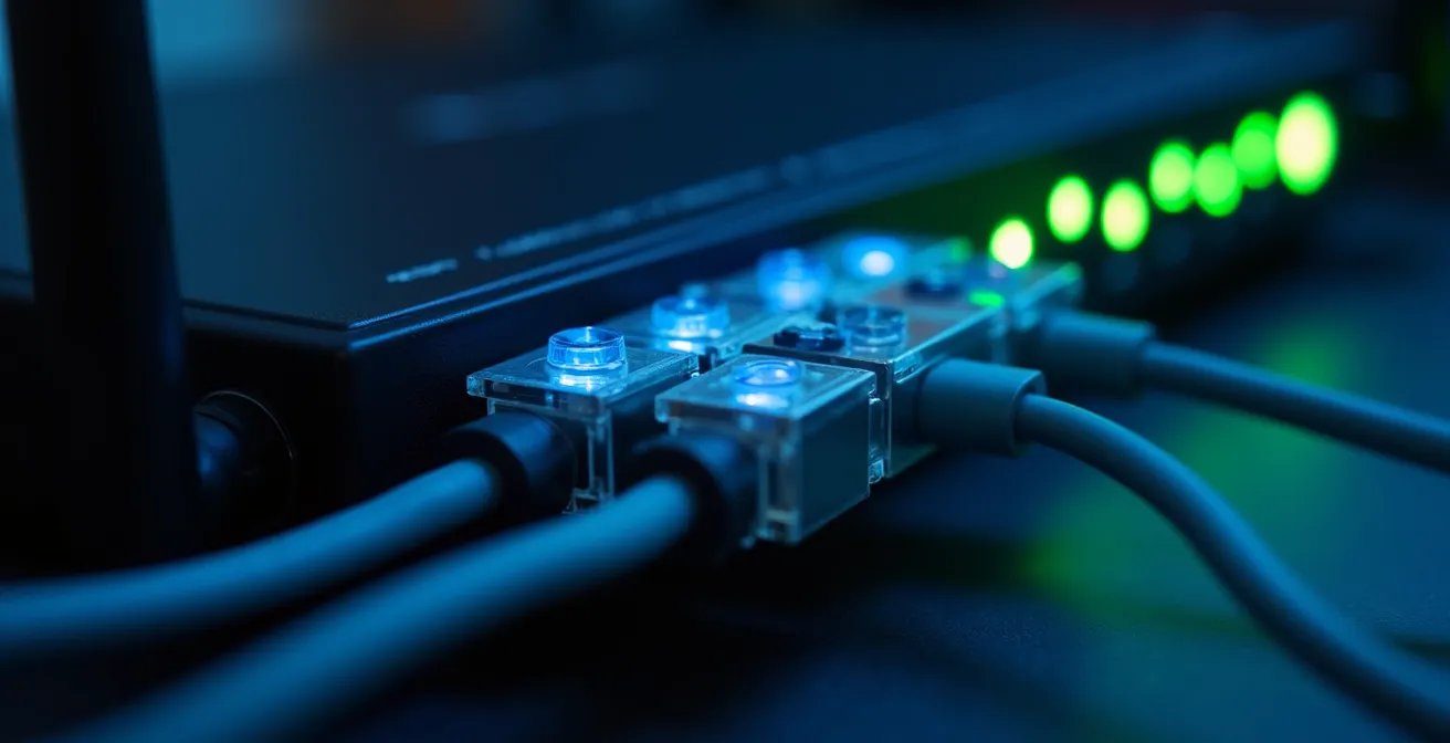 Close-up view of router LED indicators and ethernet ports showing network activity