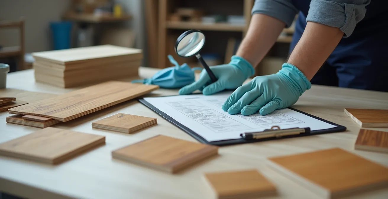 Professional workspace showing safety documents and flooring samples being examined