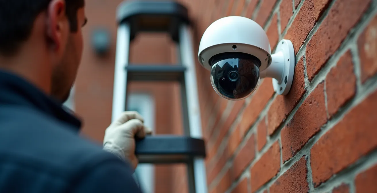 Outdoor security camera mounted on brick wall from low angle perspective