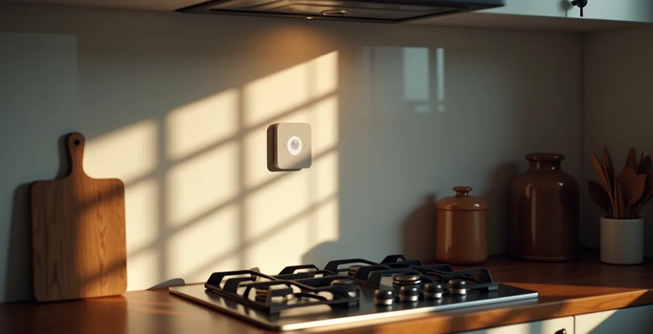 Motion sensor device monitoring kitchen stove for elderly safety